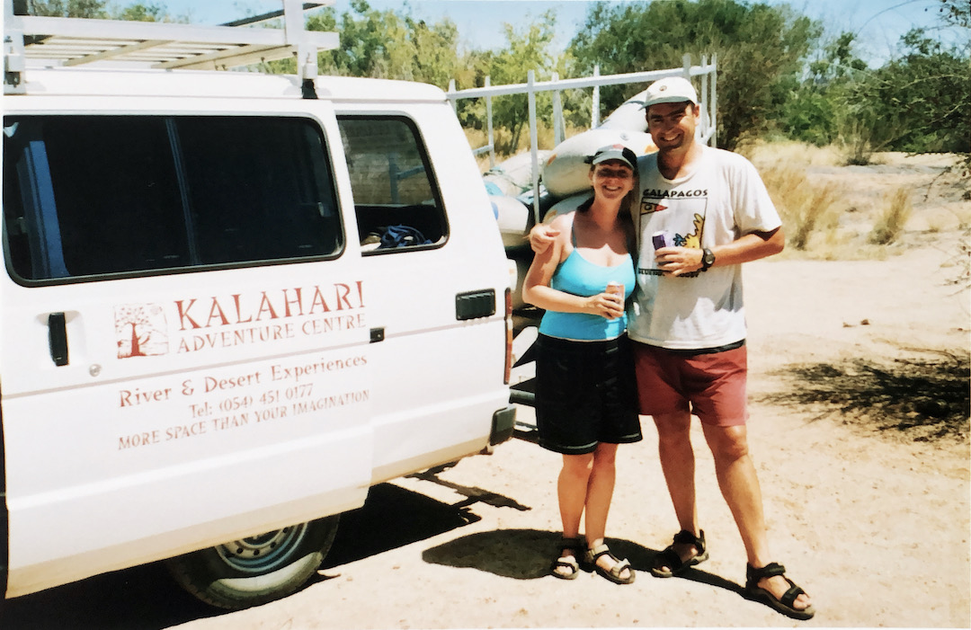 Sharon and David Schindler standing beside Kalahari Adventure van