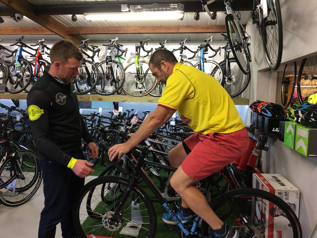 Dave testing a bicycle in Velo Culture with Stevie the owner