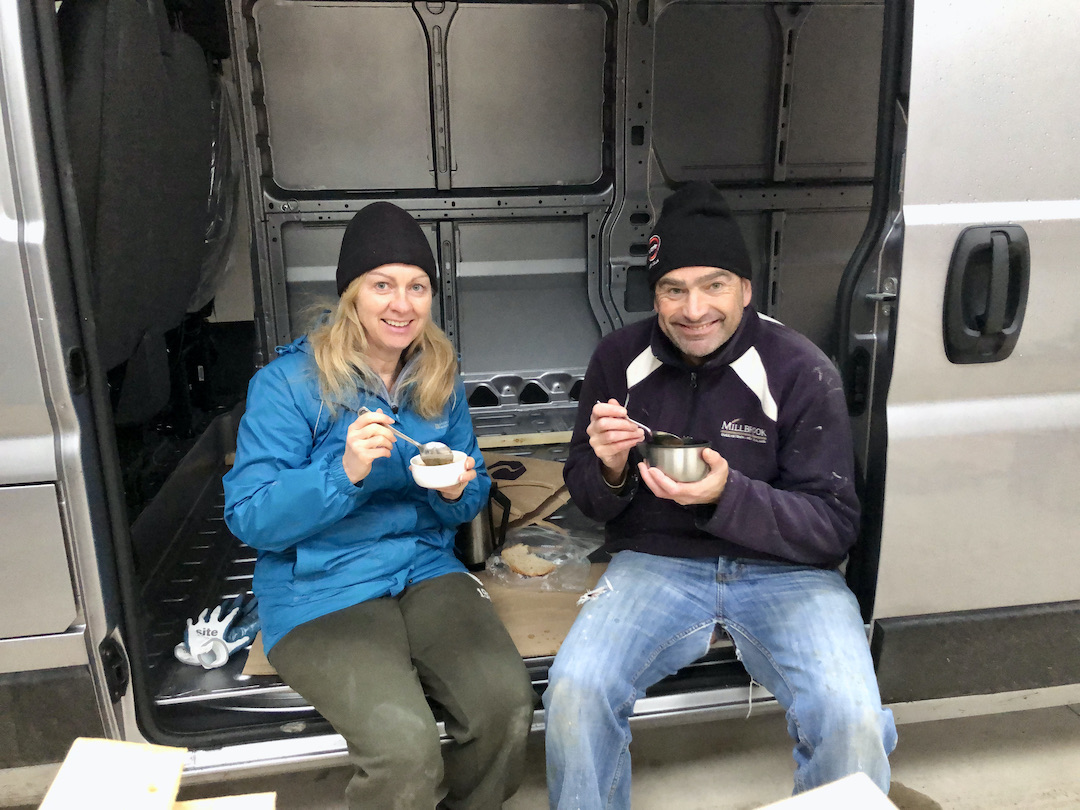 Sharon and Dave Schindler sitting in Citroen Relay camper van