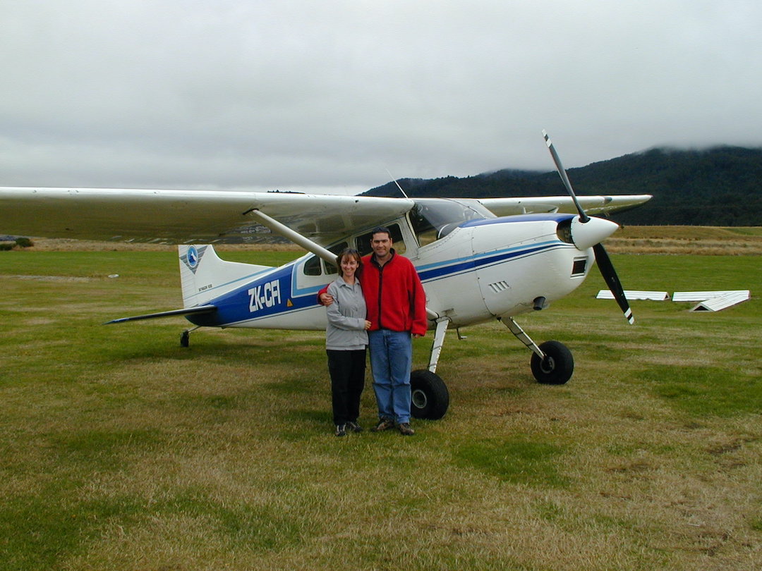 Sharon and David Schindler with the Air Fiordland airplane