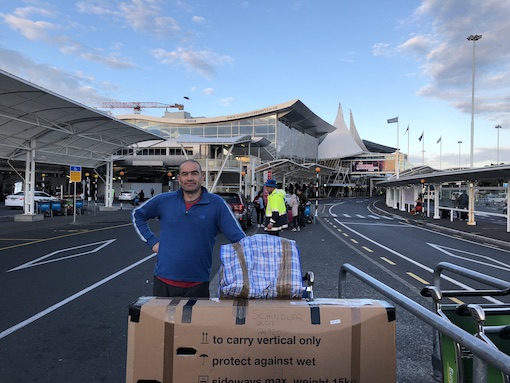 Dave and the bike boxes and luggage at Auckland airport