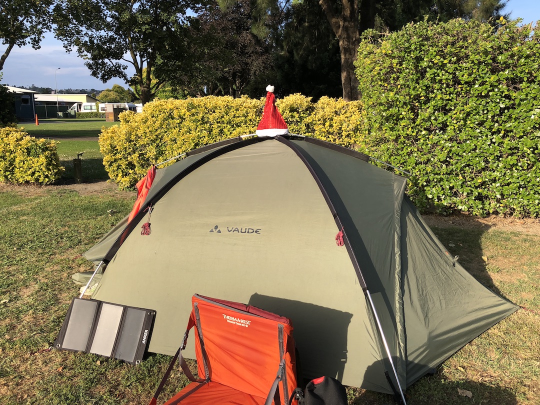 Vaude tent with Christmas hat in Napier New Zealand
