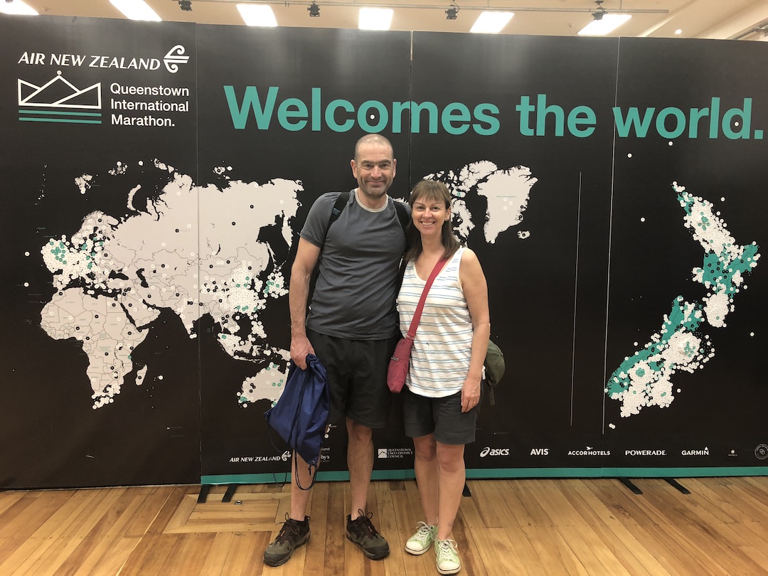 Schindlers on Tour in front of Queenstown International Marathon 2017 sign